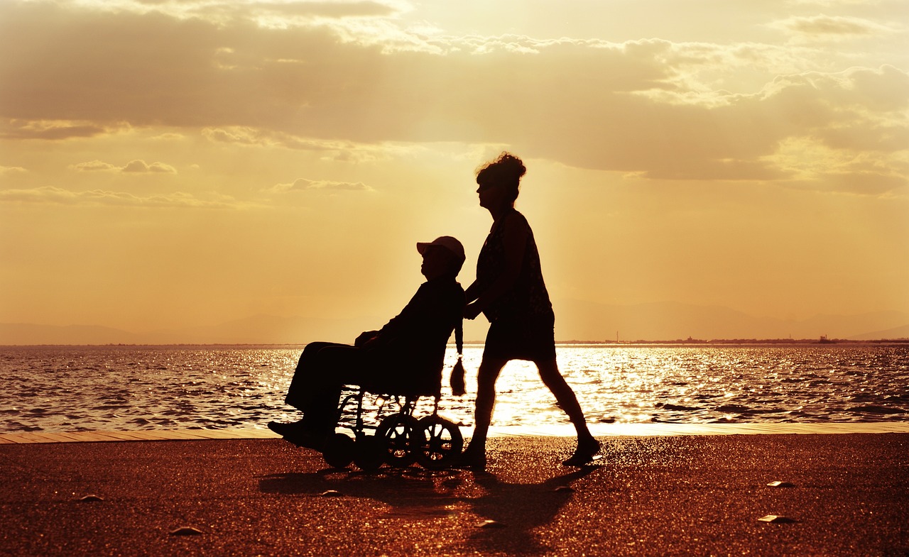 wheelchair, walk, care, disabled, couple, sea, sunset, nature, characters